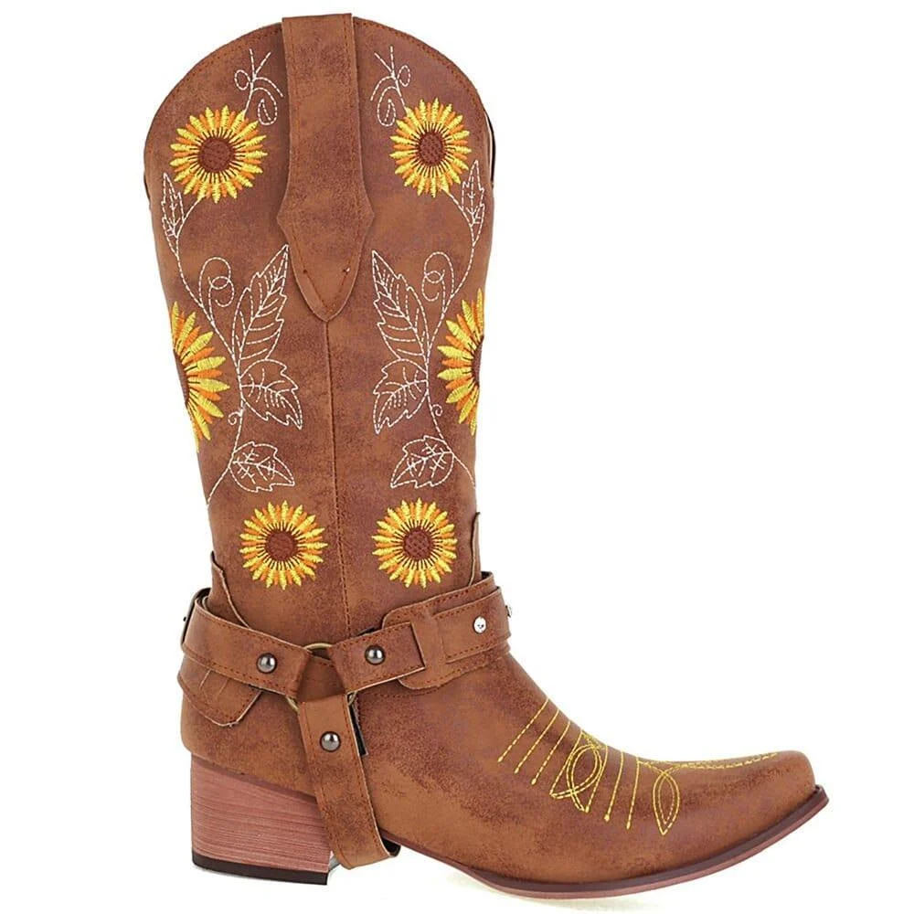 Embroidered Sunflowers Western Boots - Glova