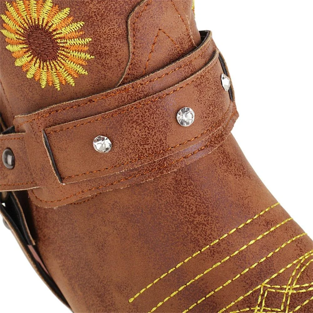 Embroidered Sunflowers Western Boots - Glova