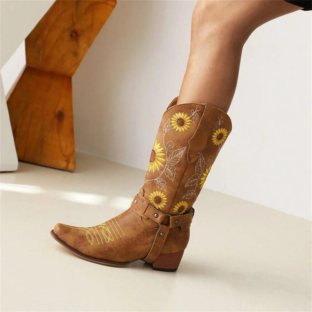 Embroidered Sunflowers Western Boots - Glova