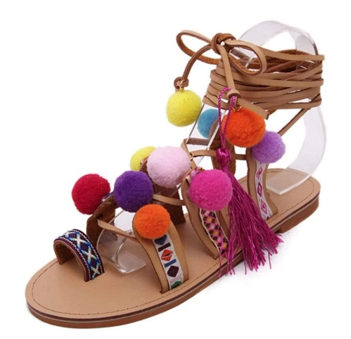 Embroidered Tie Up Pom Pom Sandals - Glova