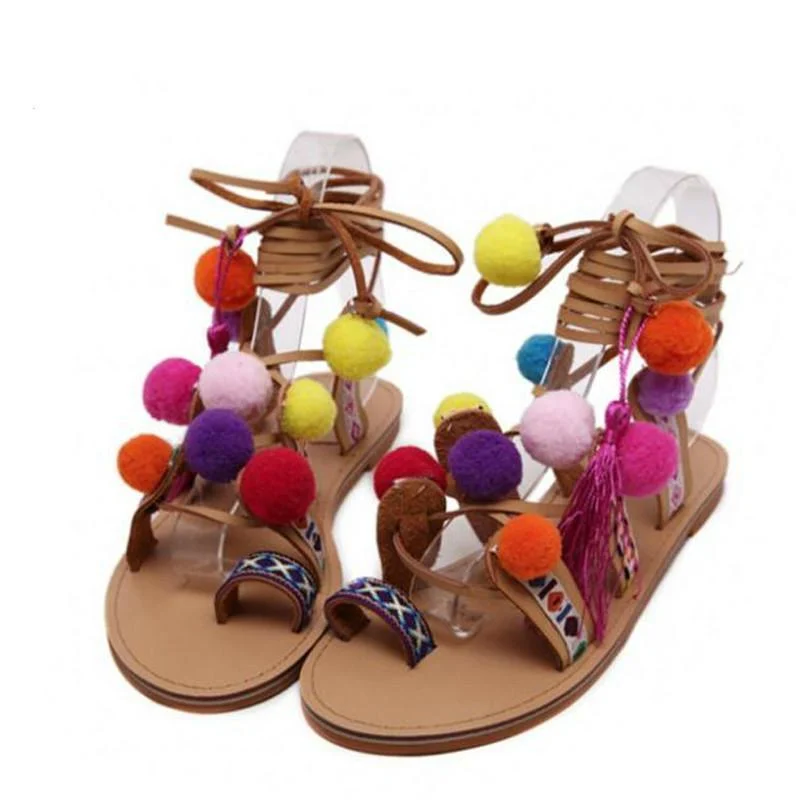 Embroidered Tie Up Pom Pom Sandals - Glova