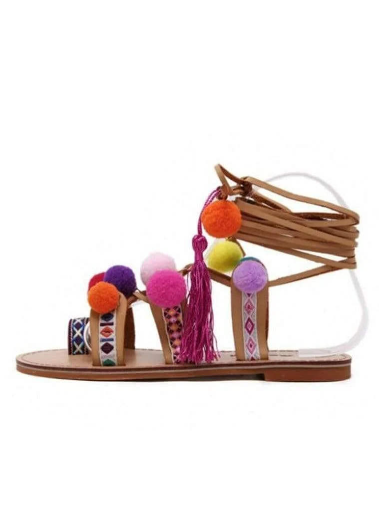 Embroidered Tie Up Pom Pom Sandals - Glova