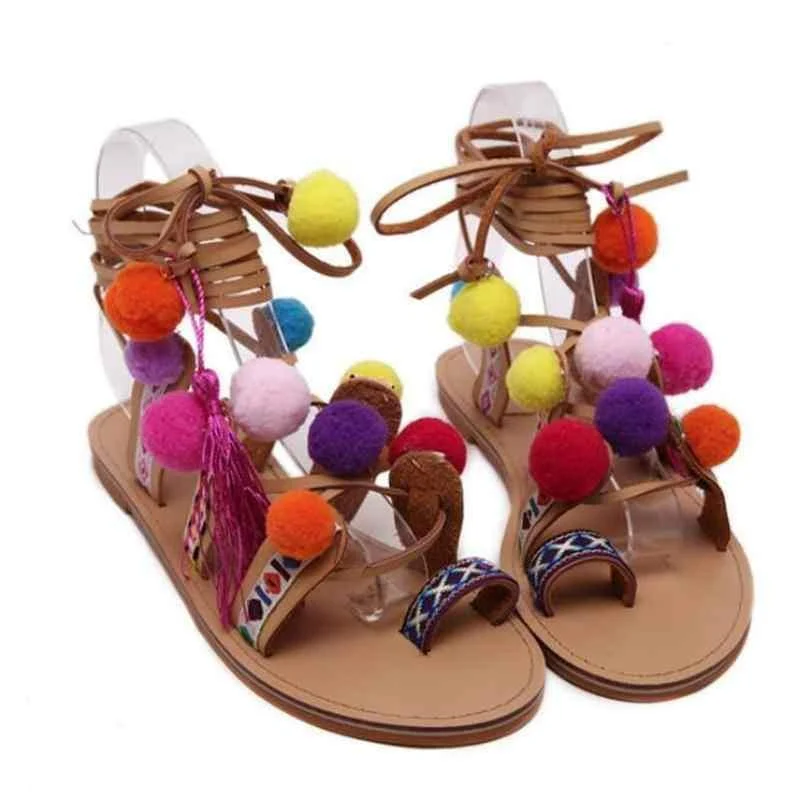 Embroidered Tie Up Pom Pom Sandals - Glova