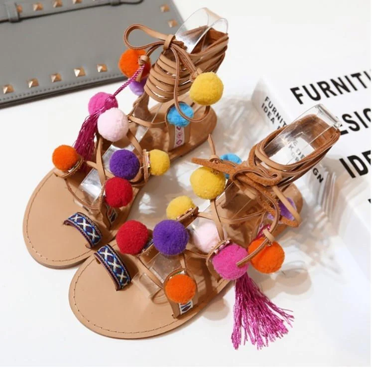 Embroidered Tie Up Pom Pom Sandals - Glova