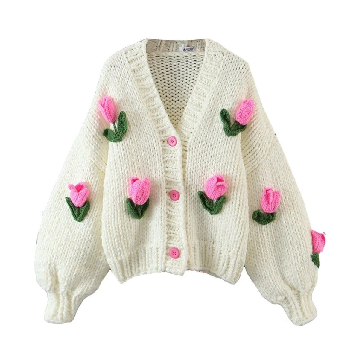 Embroidered Tulips Knit Cardigan - Glova