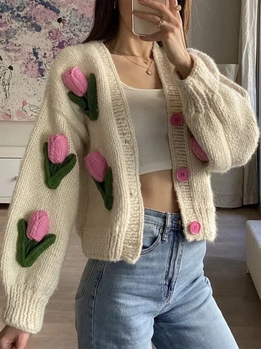 Embroidered Tulips Knit Cardigan - Glova