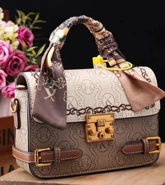 Embroidery Lock Buckle Contrasting Color Crossbody Bag - Glova