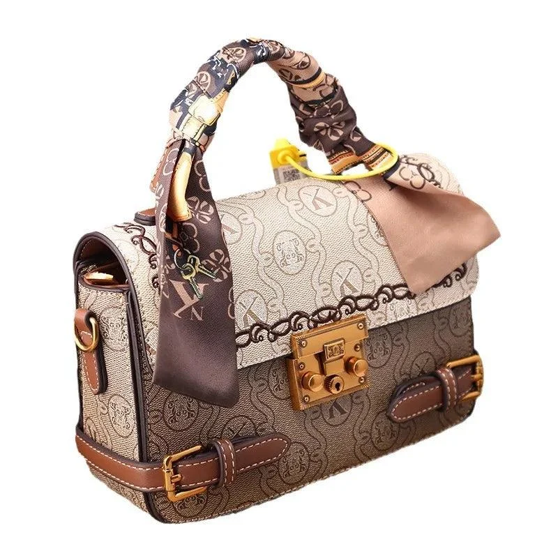 Embroidery Lock Buckle Contrasting Color Crossbody Bag - Glova