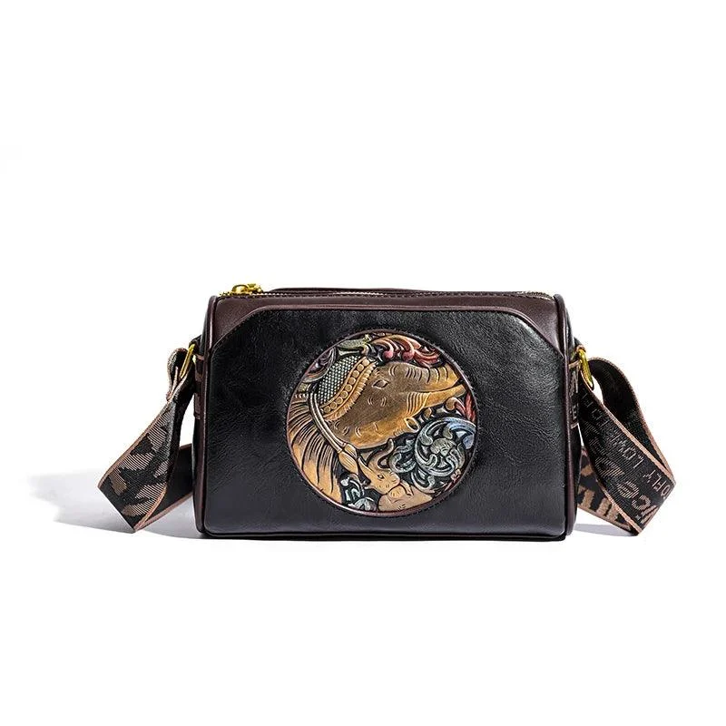 Embroidery Wide Shoulder Strap Leather Crossbody Bags - Glova