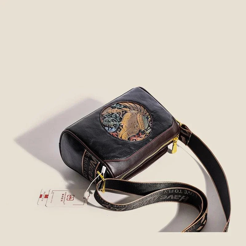 Embroidery Wide Shoulder Strap Leather Crossbody Bags - Glova