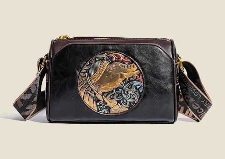 Embroidery Wide Shoulder Strap Leather Crossbody Bags - Glova