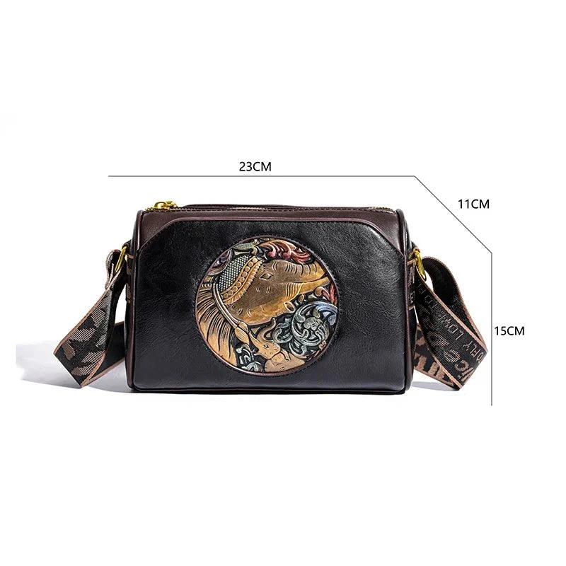 Embroidery Wide Shoulder Strap Leather Crossbody Bags - Glova