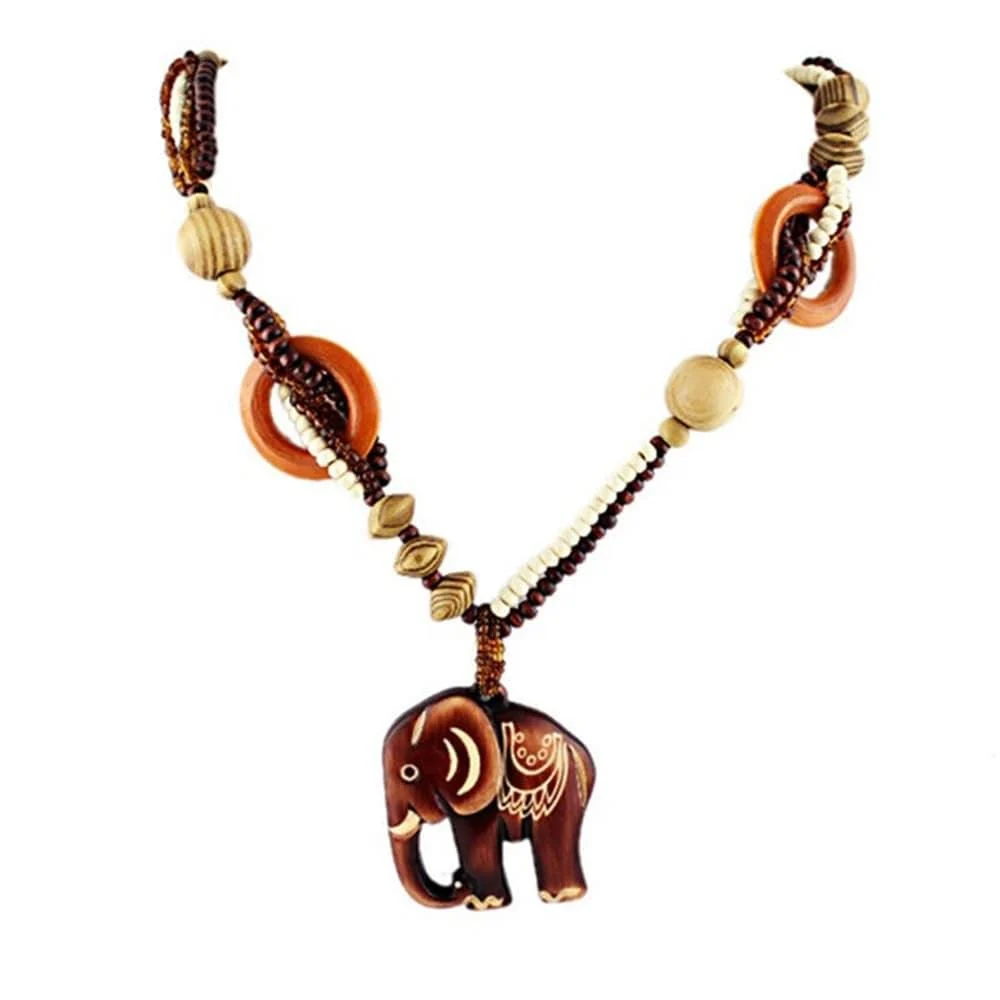 Ethnic Elephant Wooden Beads Necklace - Glova