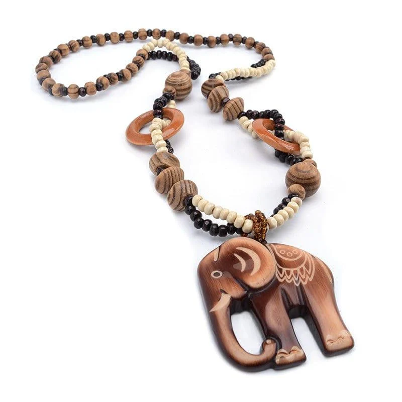 Ethnic Elephant Wooden Beads Necklace - Glova