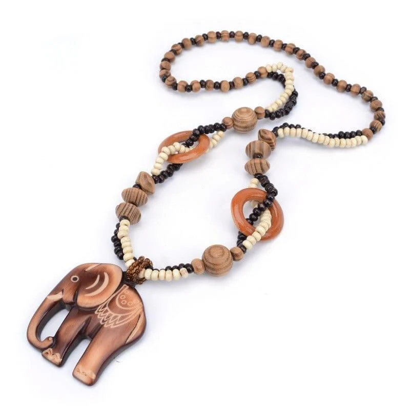 Ethnic Elephant Wooden Beads Necklace - Glova