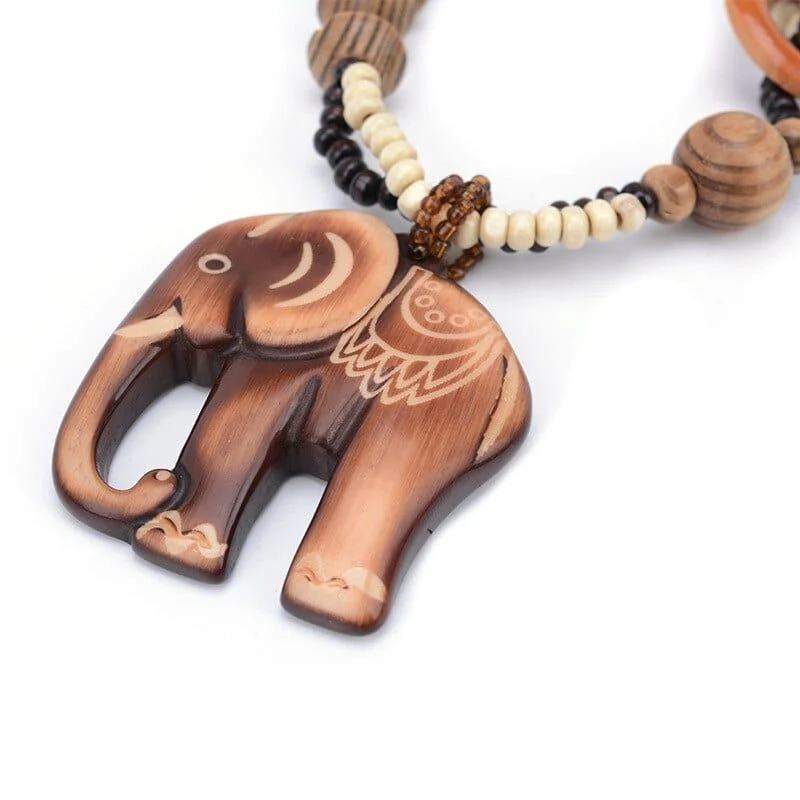 Ethnic Elephant Wooden Beads Necklace - Glova