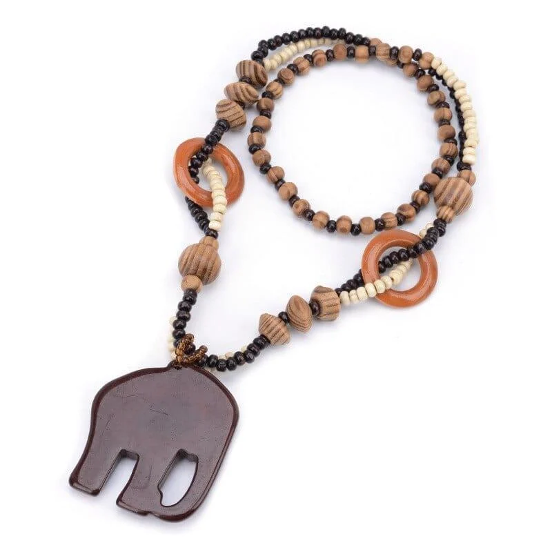 Ethnic Elephant Wooden Beads Necklace - Glova