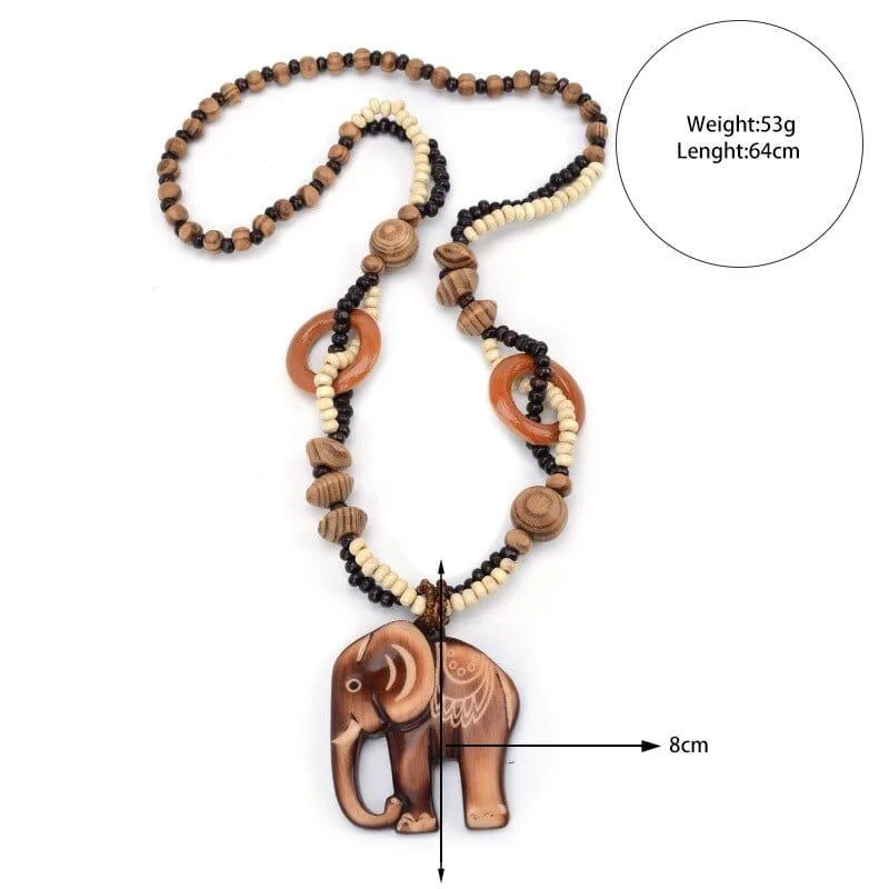 Ethnic Elephant Wooden Beads Necklace - Glova