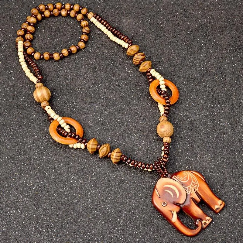 Ethnic Elephant Wooden Beads Necklace - Glova