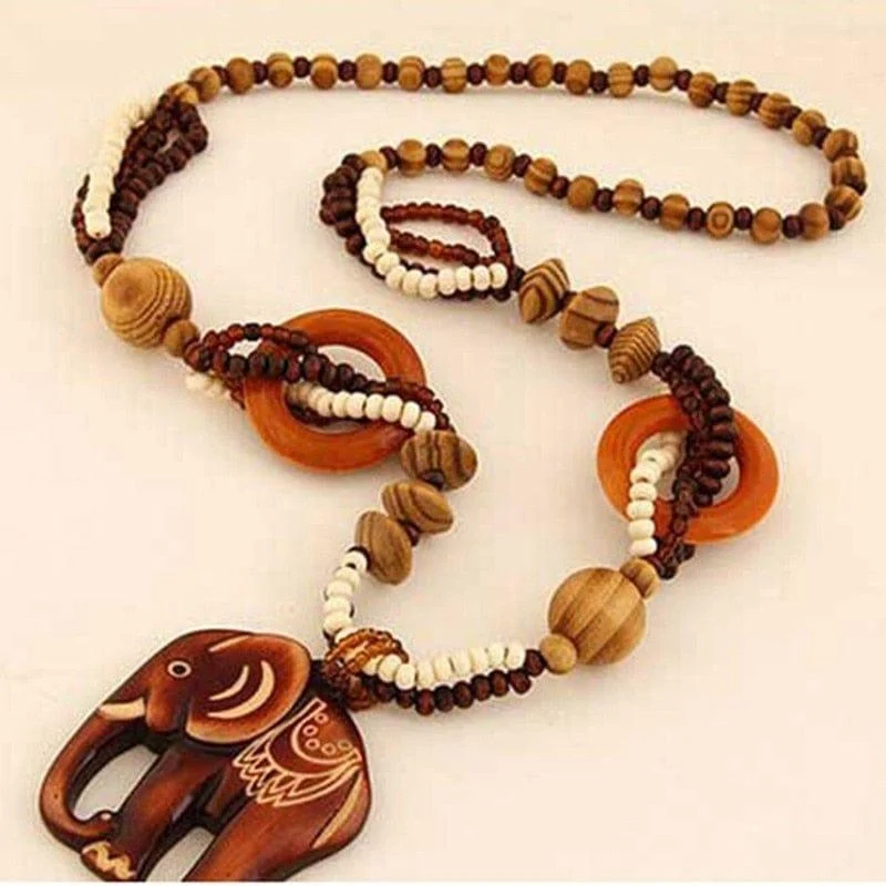 Ethnic Elephant Wooden Beads Necklace - Glova