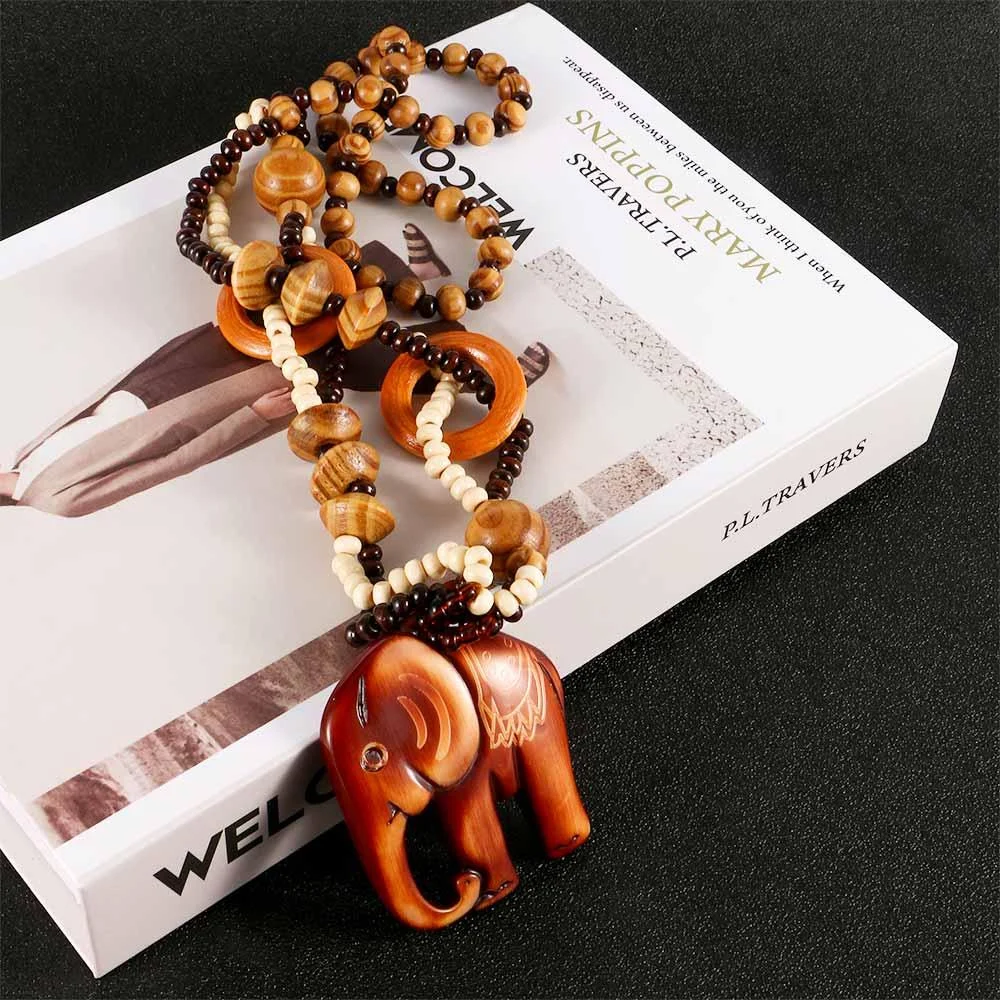 Ethnic Elephant Wooden Beads Necklace - Glova