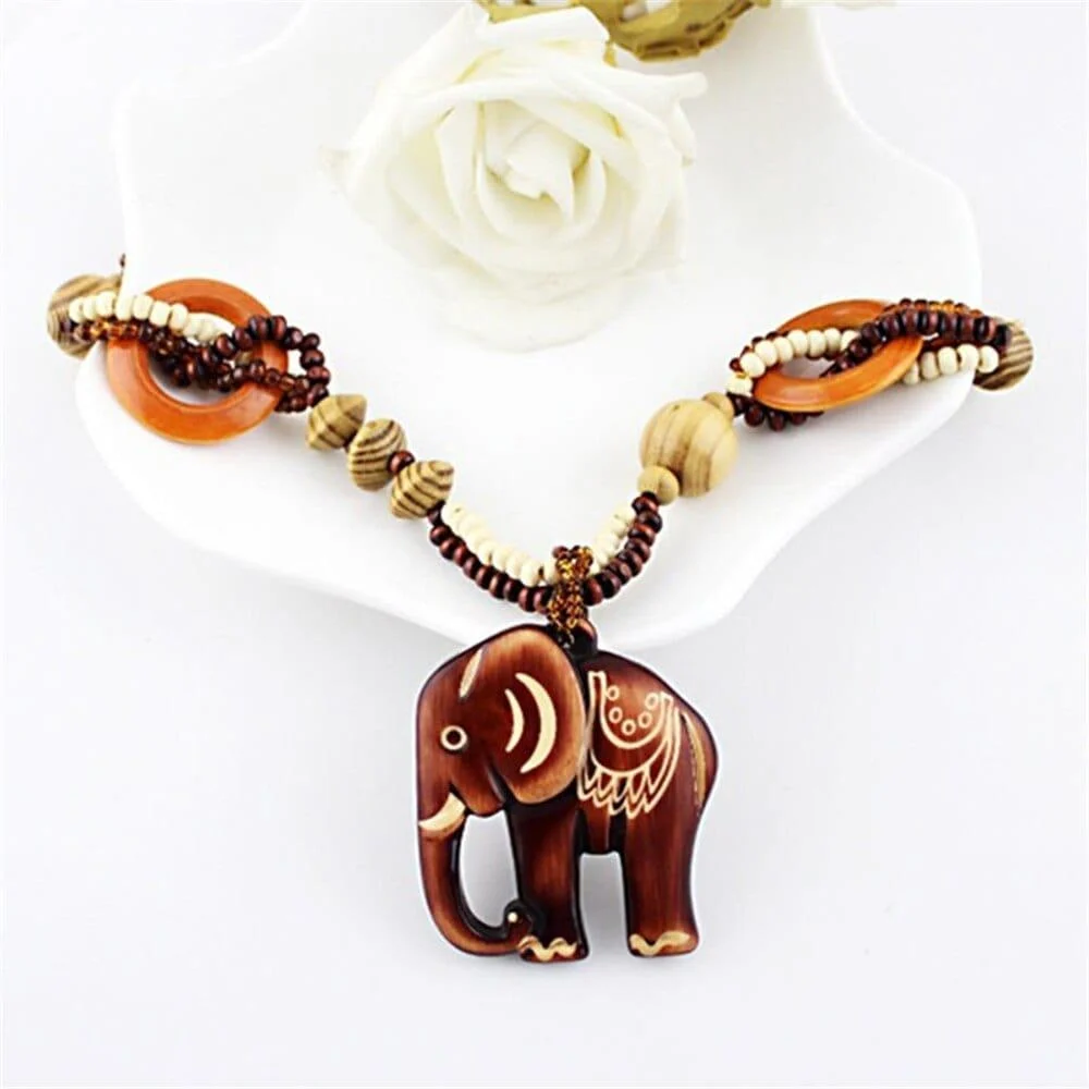 Ethnic Elephant Wooden Beads Necklace - Glova