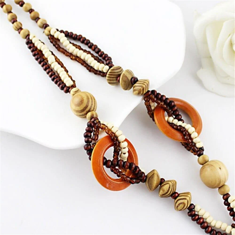 Ethnic Elephant Wooden Beads Necklace - Glova