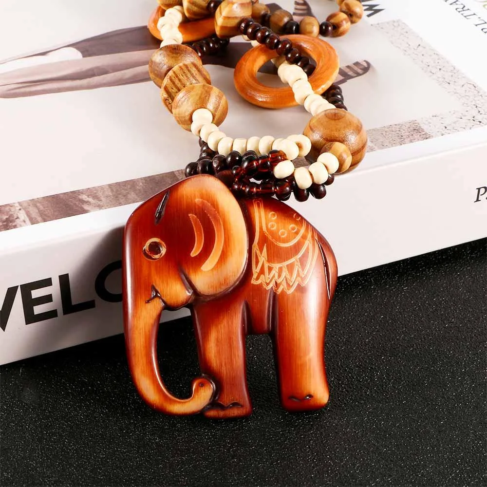 Ethnic Elephant Wooden Beads Necklace - Glova