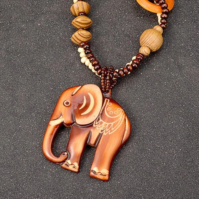 Ethnic Elephant Wooden Beads Necklace - Glova