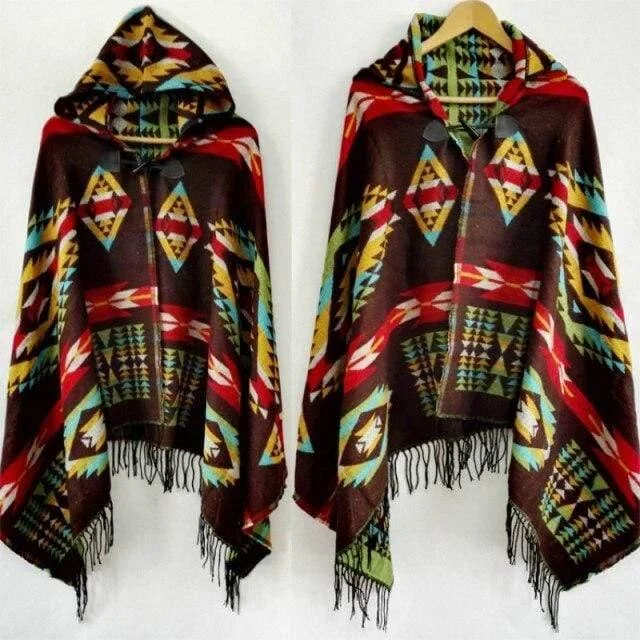 Ethnic Pattern Poncho Coat - Glova