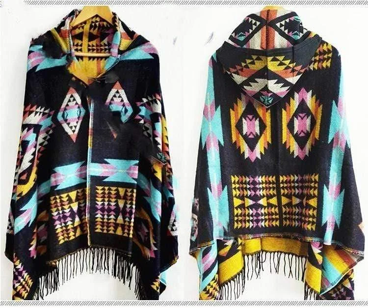 Ethnic Pattern Poncho Coat - Glova