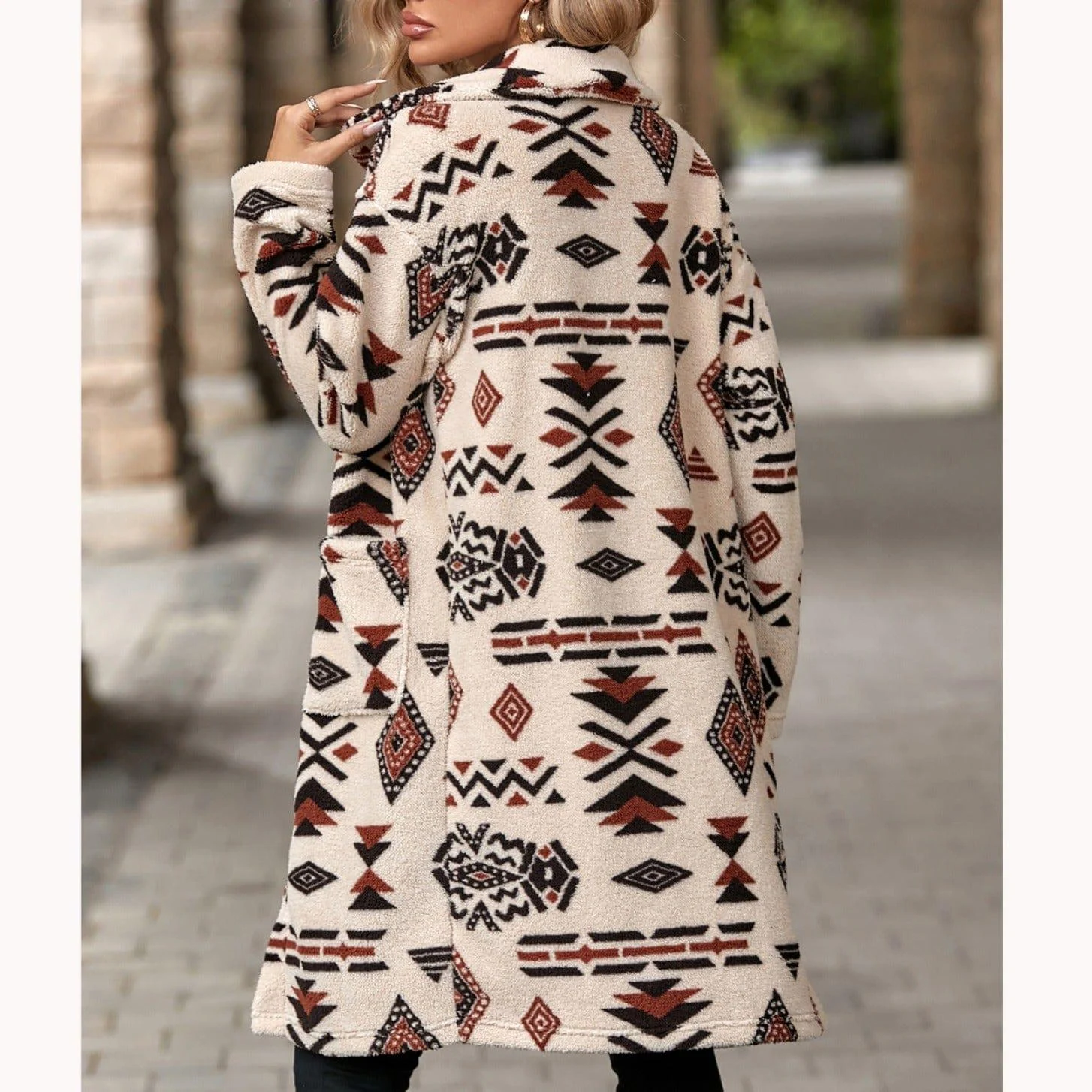 Ethnic Print Plush Long Overcoat - Glova