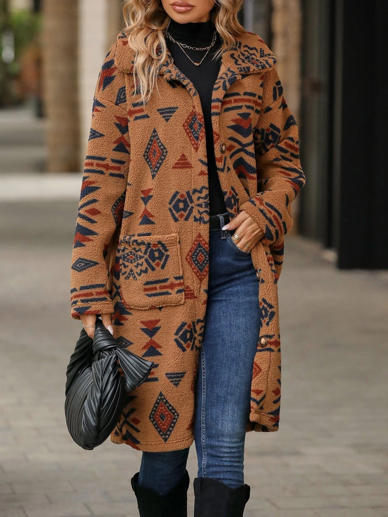 Ethnic Print Plush Long Overcoat - Glova