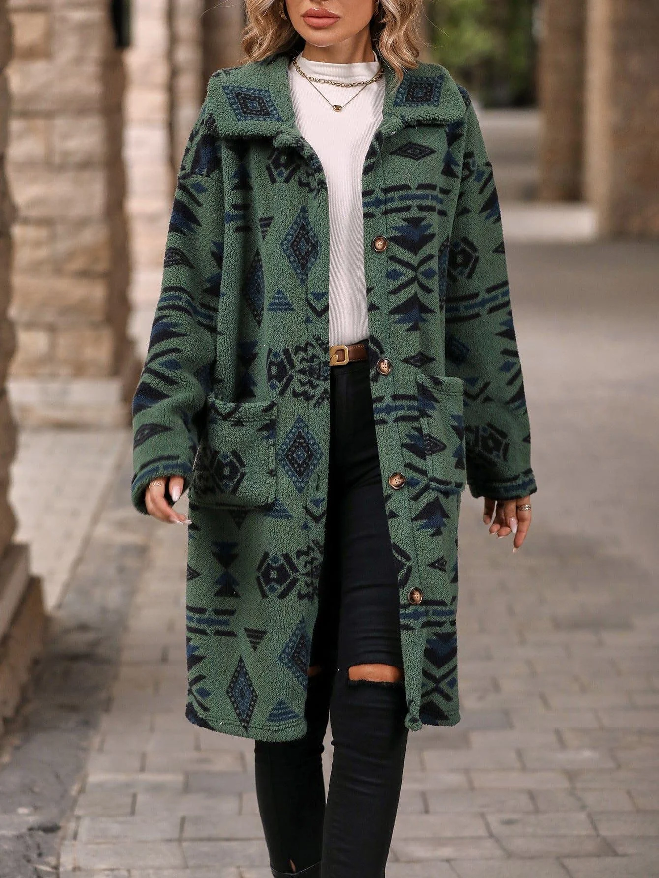 Ethnic Print Plush Long Overcoat - Glova