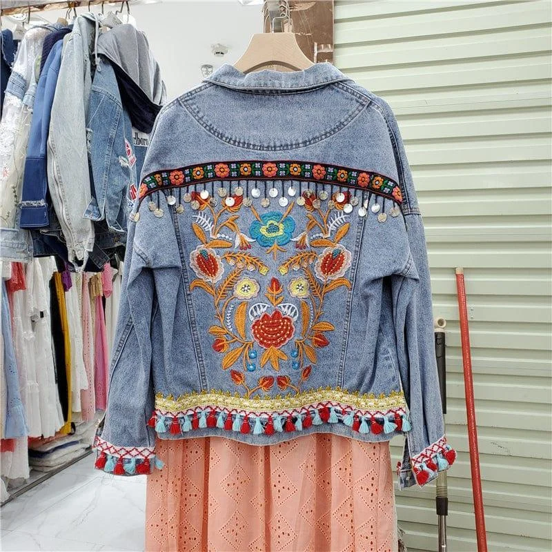 Evane Floral Embroidery Denim Jacket - Glova