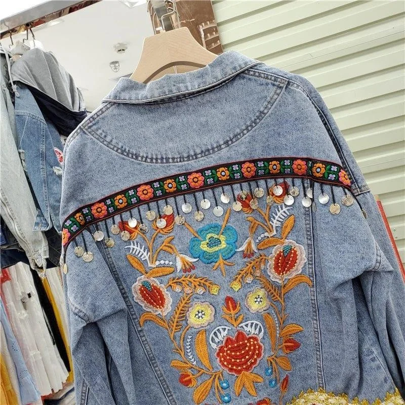 Evane Floral Embroidery Denim Jacket - Glova