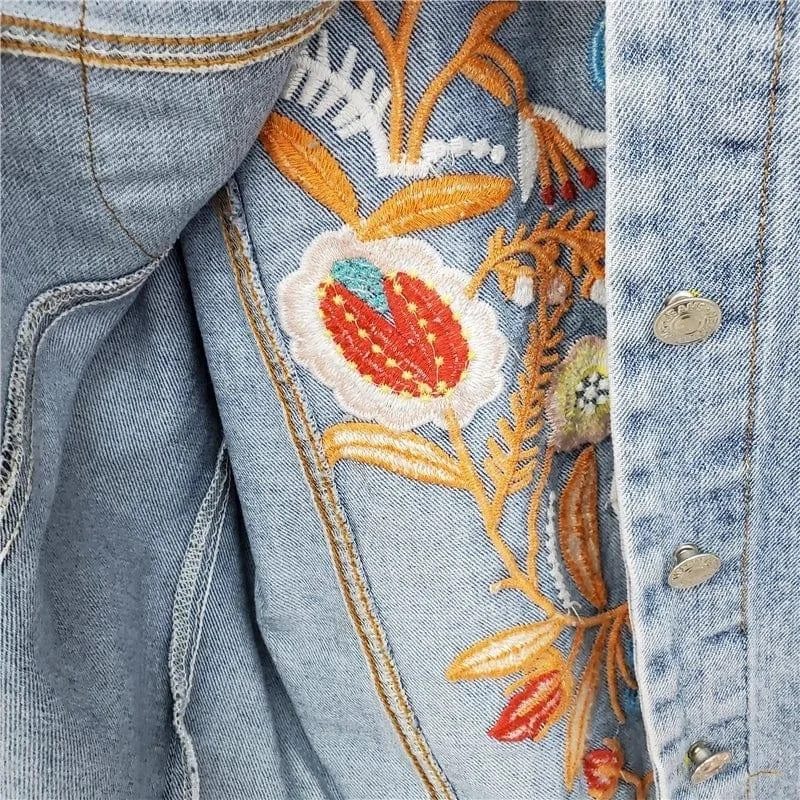 Evane Floral Embroidery Denim Jacket - Glova