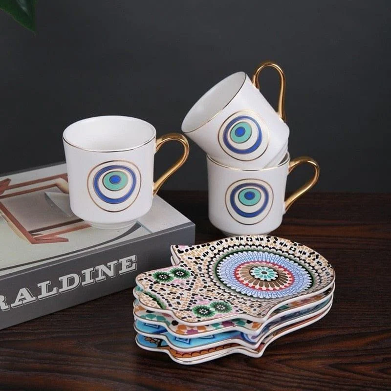 Evil Eye Coffee Cup & Hamsa Hand Saucer Set - Glova