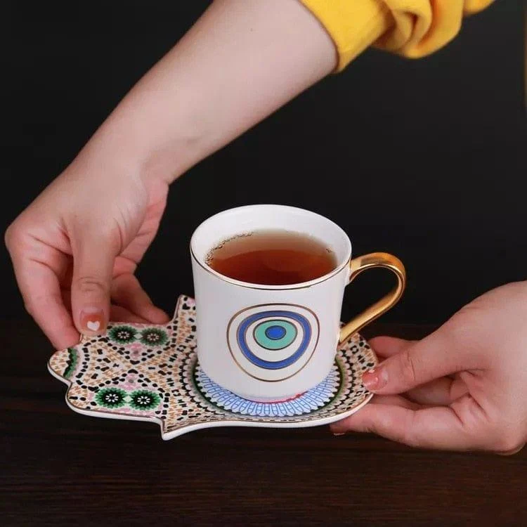 Evil Eye Coffee Cup & Hamsa Hand Saucer Set - Glova