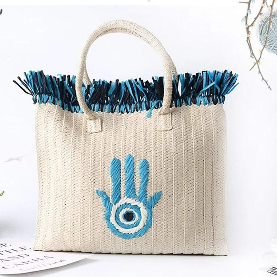 Evil Eye Hand Design Straw Tote Bag - Glova