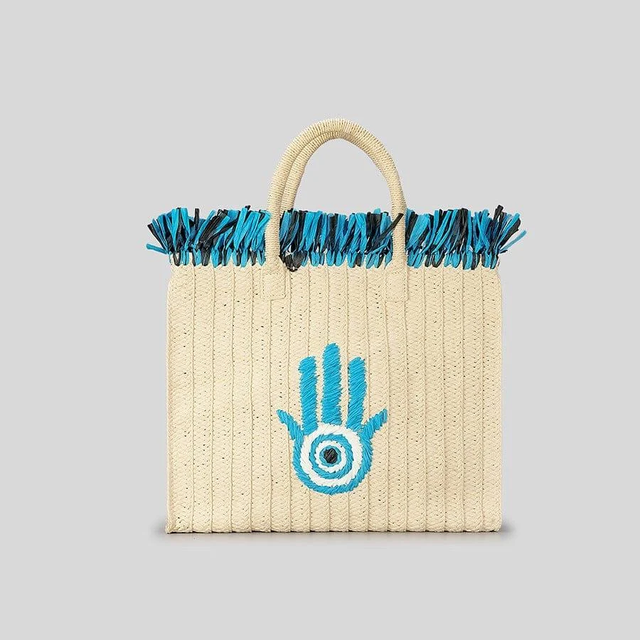 Evil Eye Hand Design Straw Tote Bag - Glova