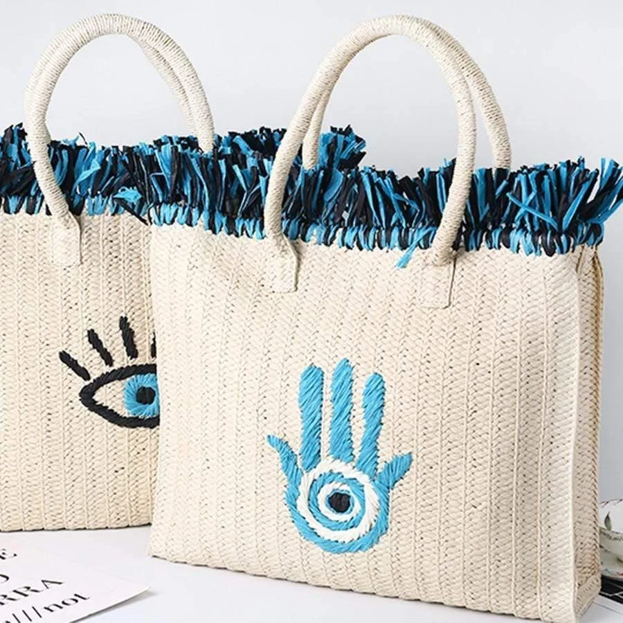 Evil Eye Hand Design Straw Tote Bag - Glova