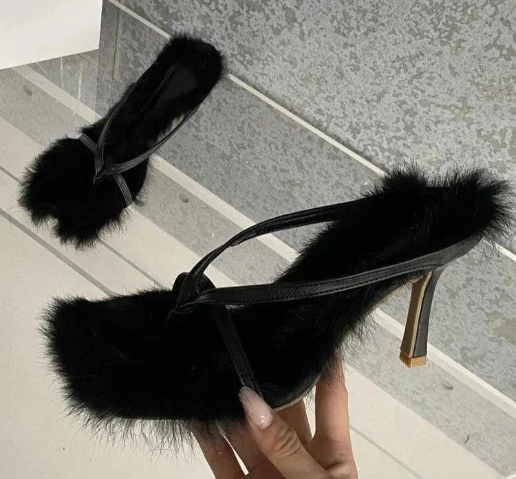 Faux Fur High Heels Square Head Toe Clip-On Sandals - Glova