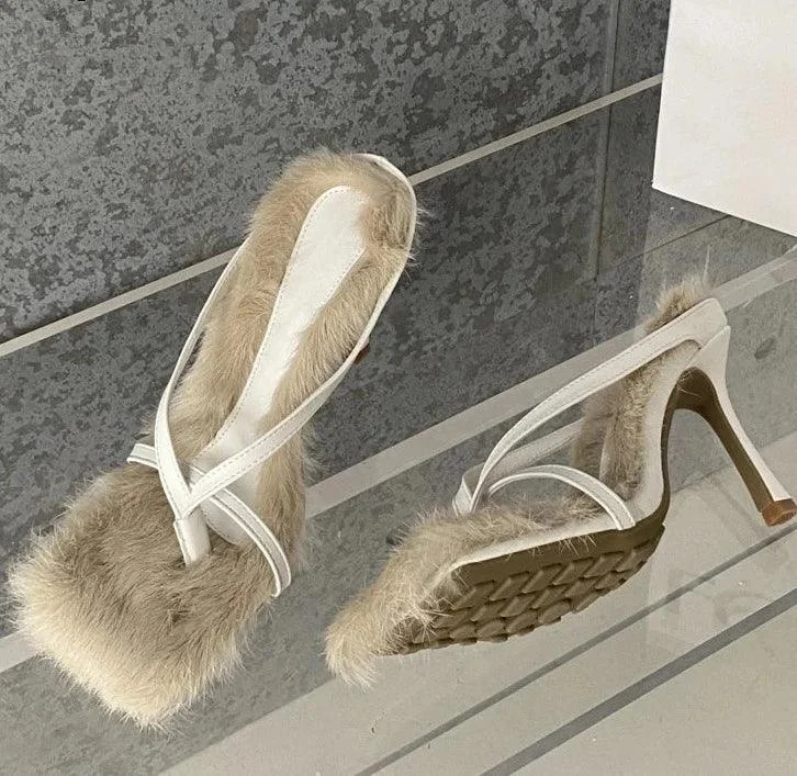 Faux Fur High Heels Square Head Toe Clip-On Sandals - Glova