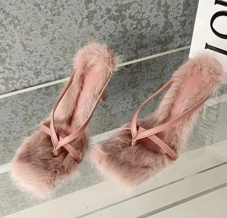 Faux Fur High Heels Square Head Toe Clip-On Sandals - Glova