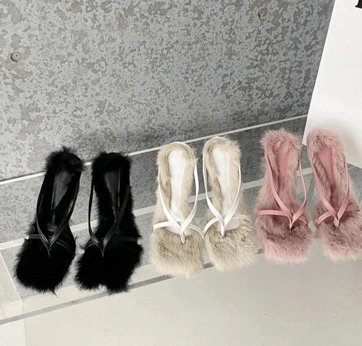 Faux Fur High Heels Square Head Toe Clip-On Sandals - Glova