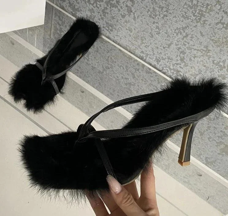 Faux Fur High Heels Square Head Toe Clip-On Sandals - Glova