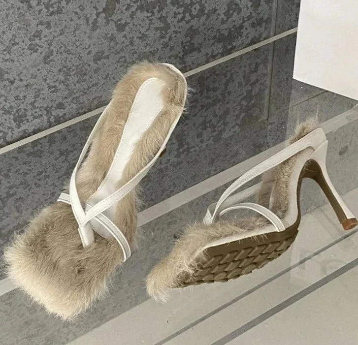 Faux Fur High Heels Square Head Toe Clip-On Sandals - Glova