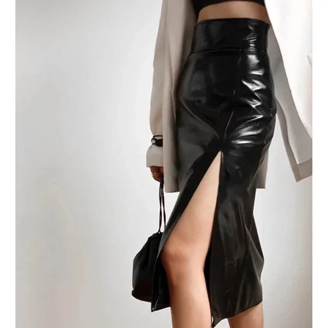 Faux Leather Slit Front Pencil Skirts - Glova