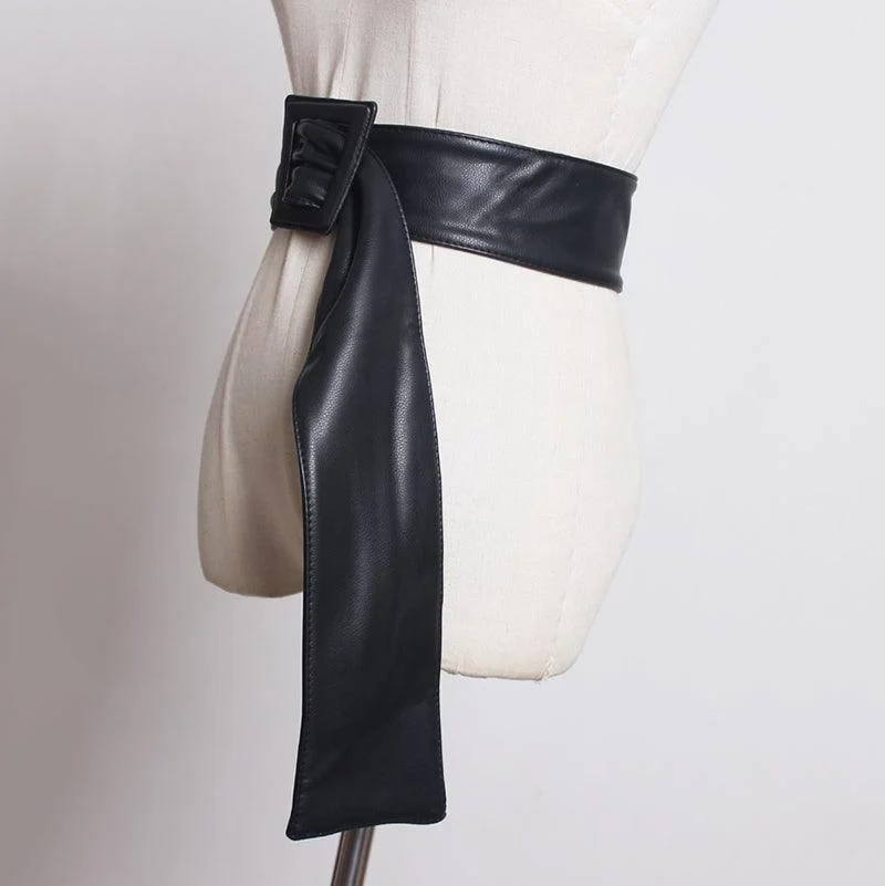 Faux Leather Trapezoid Buckle Long Belt - 5 Colors - Glova